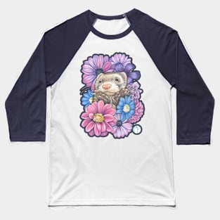 Ferret And Flowers - Charcoal Outline Baseball T-Shirt